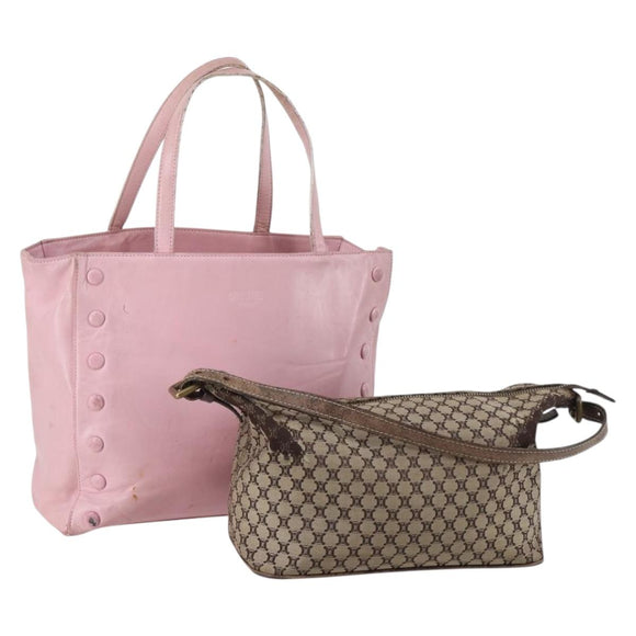 CELINE Macadam Canvas Tote Bag Leather 2Set Pink Beige Auth 143396