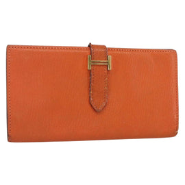 HERMES Bean Soufflé Wallet Leather Orange Auth 143412