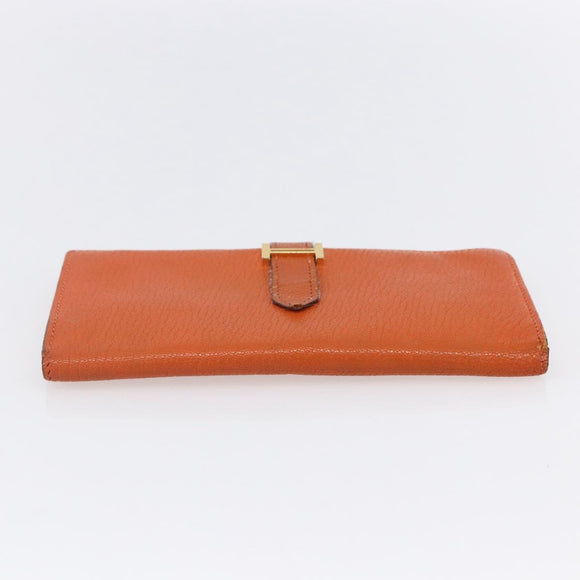 HERMES Bean Soufflé Wallet Leather Orange Auth 143412