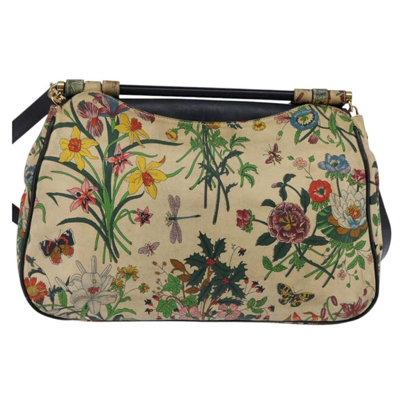 GUCCI Flora Shoulder Bag Canvas Beige Gold Auth 143493