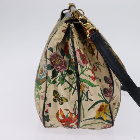 GUCCI Flora Shoulder Bag Canvas Beige Gold Auth 143493