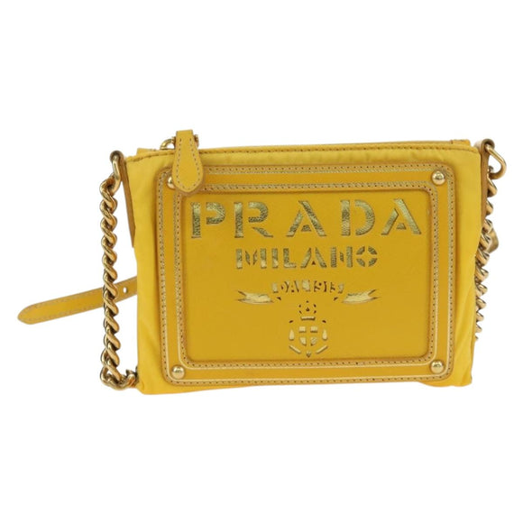 PRADA Chain Shoulder Bag Nylon Leather Yellow Gold Auth 143507