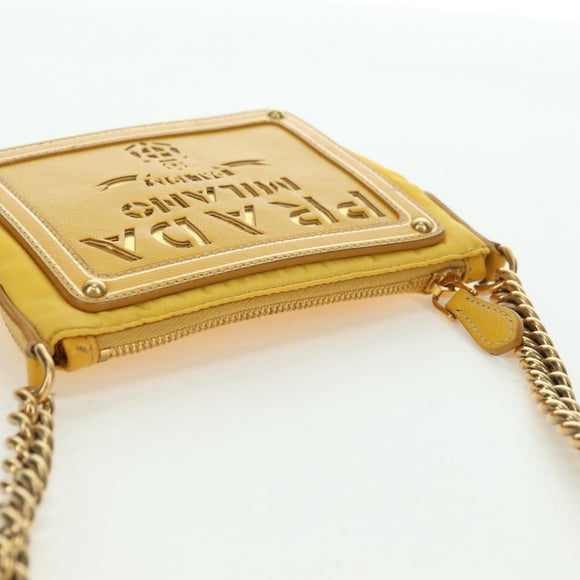 PRADA Chain Shoulder Bag Nylon Leather Yellow Gold Auth 143507