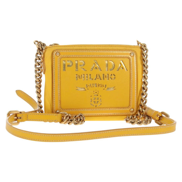 PRADA Chain Shoulder Bag Nylon Leather Yellow Gold Auth 143507V