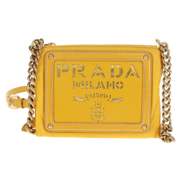PRADA Chain Shoulder Bag Nylon Leather Yellow Gold Auth 143507V
