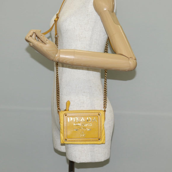 PRADA Chain Shoulder Bag Nylon Leather Yellow Gold Auth 143507V