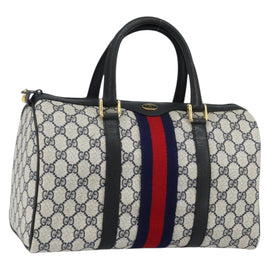 GUCCI GG Supreme Sherry Line Boston Bag PVC Navy Gold Red Auth 143577