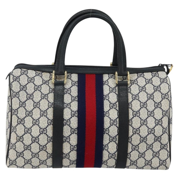 GUCCI GG Supreme Sherry Line Boston Bag PVC Navy Gold Red Auth 143577