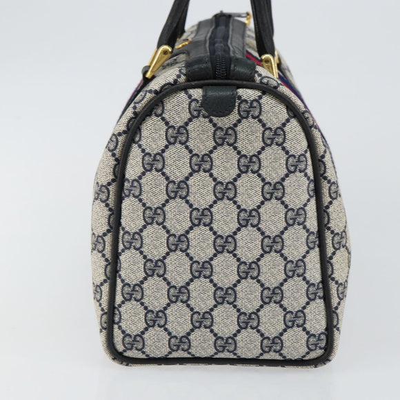 GUCCI GG Supreme Sherry Line Boston Bag PVC Navy Gold Red Auth 143577