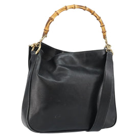 GUCCI Bamboo Hand Bag Leather 2way Black Gold Auth 143579