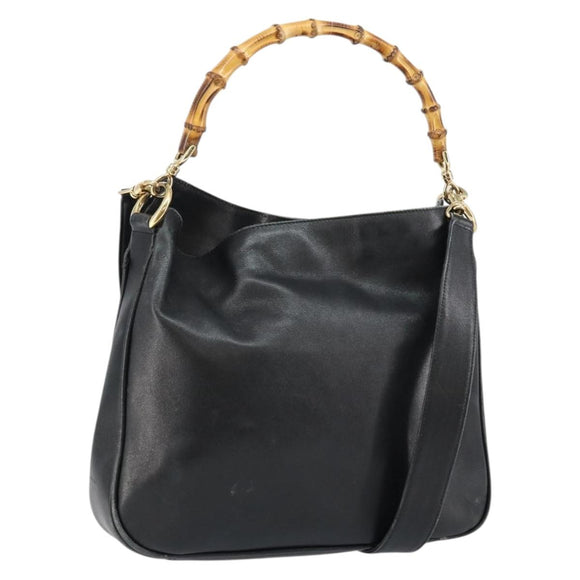 GUCCI Bamboo Hand Bag Leather 2way Black Gold Auth 143579
