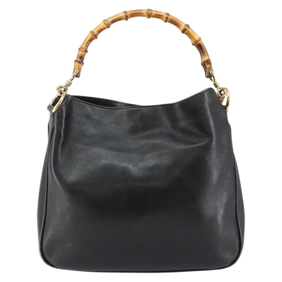 GUCCI Bamboo Hand Bag Leather 2way Black Gold Auth 143579