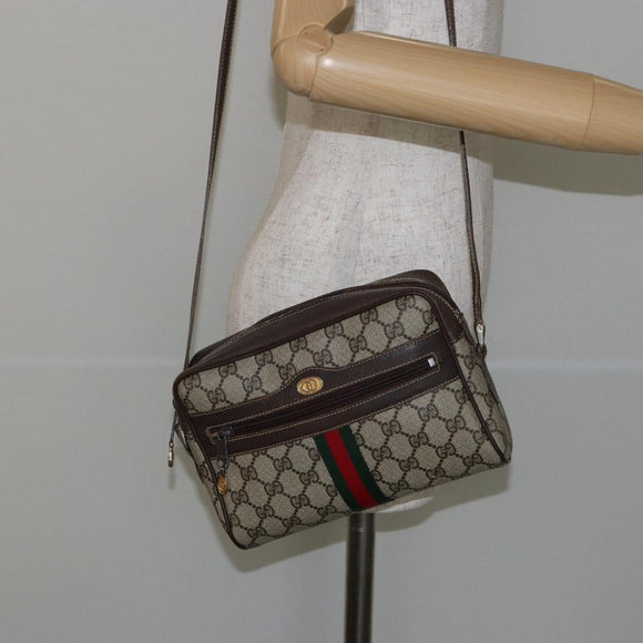 GUCCI GG Supreme Web Sherry Line Shoulder Bag PVC Beige Gold Auth 143580