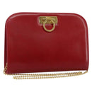 Salvatore Ferragamo Gancini Chain Shoulder Bag Leather Red Gold Auth 143586-1