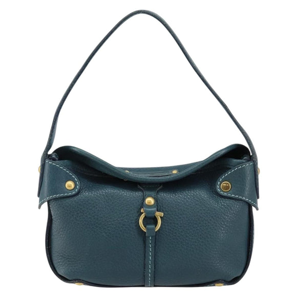 Salvatore Ferragamo Gancini Shoulder Bag Leather Blue Gold Auth 143587