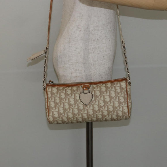 Christian Dior Trotter Canvas Romantic Shoulder Bag PVC Beige Silver Auth 143590
