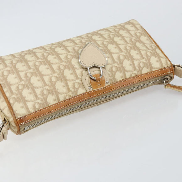 Christian Dior Trotter Canvas Romantic Shoulder Bag PVC Beige Silver Auth 143590