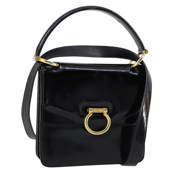 CELINE Hand Bag Enamel 2way Black Gold Auth 143592