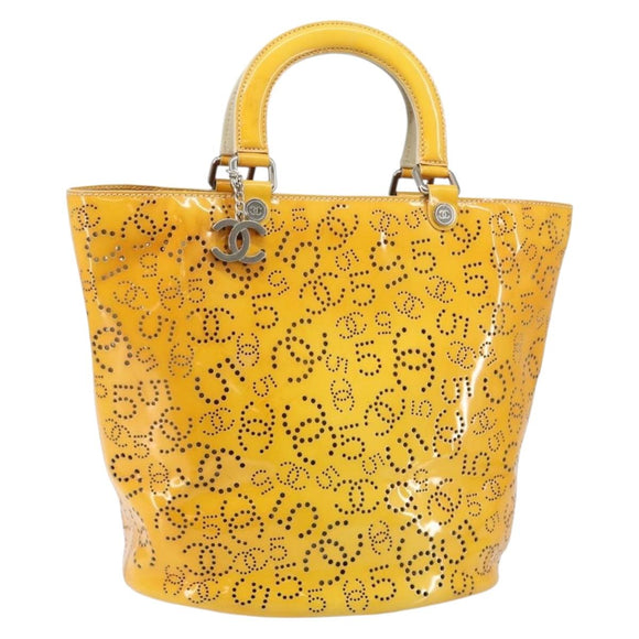 CHANEL Punching Hand Bag Enamel Yellow Silver CC Auth 143604