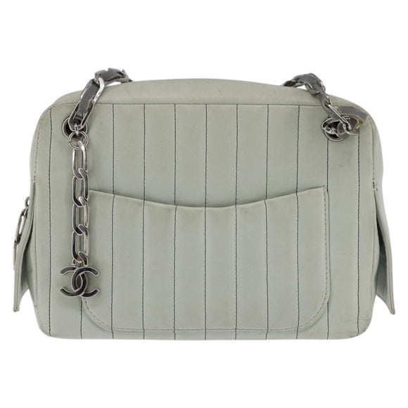 CHANEL Mademoiselle Chain Shoulder Bag Leather Silver Light green CC Auth 143605
