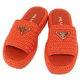 PRADA Flat Form Sandals Raffia Orange Auth 143606