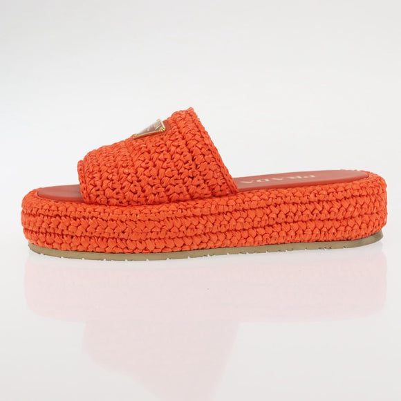 PRADA Flat Form Sandals Raffia Orange Auth 143606