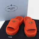 PRADA Flat Form Sandals Raffia Orange Auth 143606-33