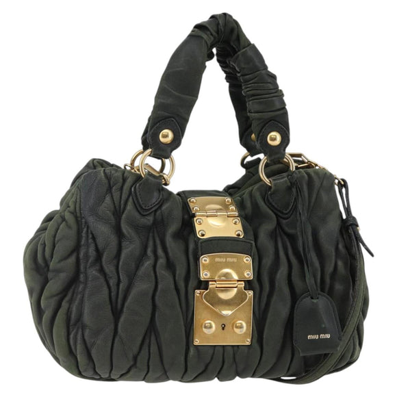 Miu Miu Matelasse Hand Bag Leather 2way Khaki Gold Auth 143651