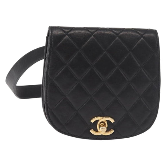 CHANEL Matelasse Waist bag Lamb Skin Black Gold CC Auth 143653