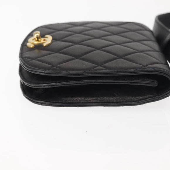 CHANEL Matelasse Waist bag Lamb Skin Black Gold CC Auth 143653