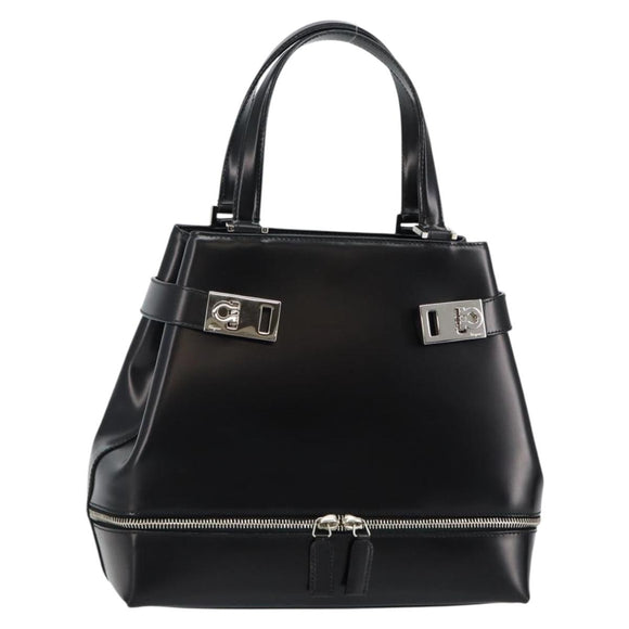 Salvatore Ferragamo Gancini Hand Bag Leather Black Silver Auth 143654V