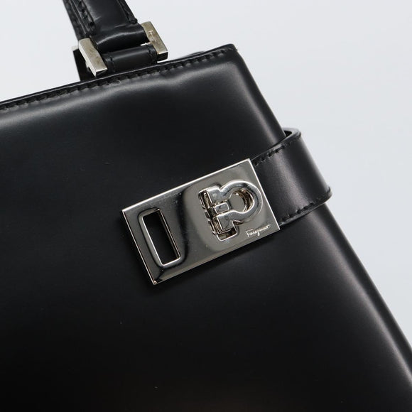 Salvatore Ferragamo Gancini Hand Bag Leather Black Silver Auth 143654V