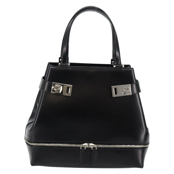 Salvatore Ferragamo Gancini Hand Bag Leather Black Silver Auth 143654V