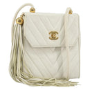 CHANEL V Stitch Shoulder Bag Lamb Skin White Gold CC Auth 143656-1