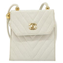 CHANEL V Stitch Shoulder Bag Lamb Skin White Gold CC Auth 143656-13