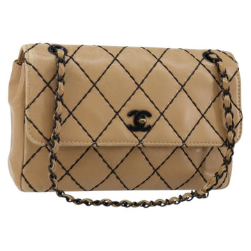 CHANEL Wild Stitch Chain Shoulder Bag Leather Beige CC Auth 143657