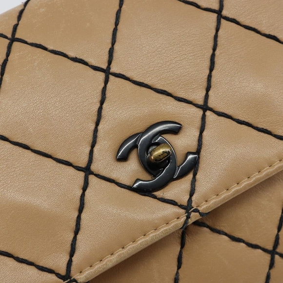 CHANEL Wild Stitch Chain Shoulder Bag Leather Beige CC Auth 143657