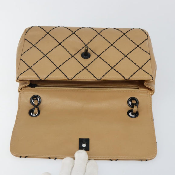 CHANEL Wild Stitch Chain Shoulder Bag Leather Beige CC Auth 143657