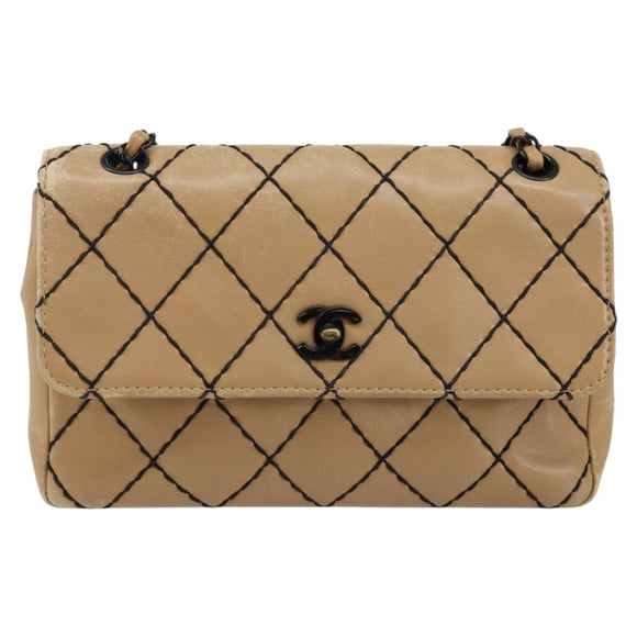 CHANEL Wild Stitch Chain Shoulder Bag Leather Beige CC Auth 143657