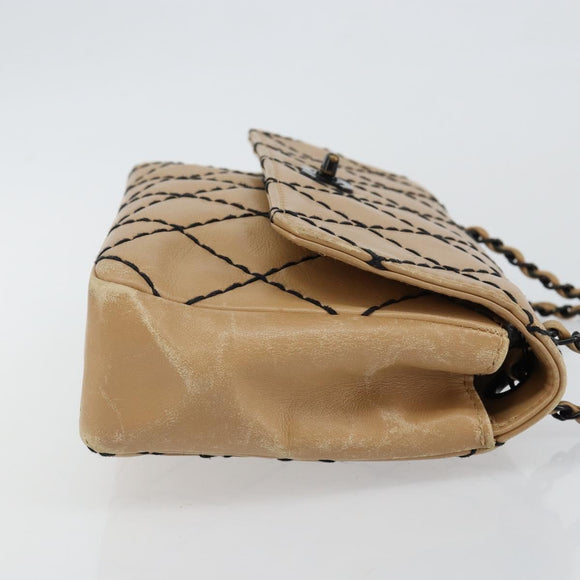 CHANEL Wild Stitch Chain Shoulder Bag Leather Beige CC Auth 143657