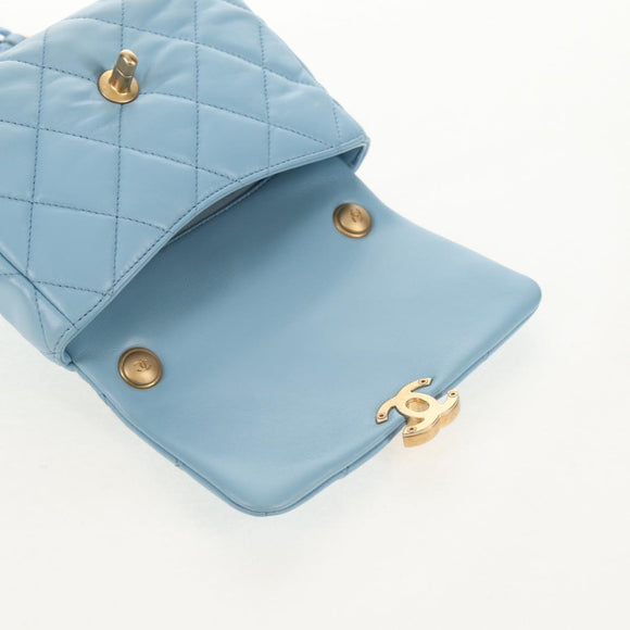 CHANEL Matelasse Chain Shoulder Bag Lamb Skin Light Blue Gold CC Auth 143660SAM