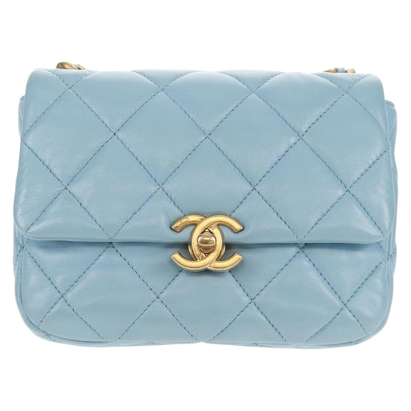 CHANEL Matelasse Chain Shoulder Bag Lamb Skin Light Blue Gold CC Auth 143660SAM