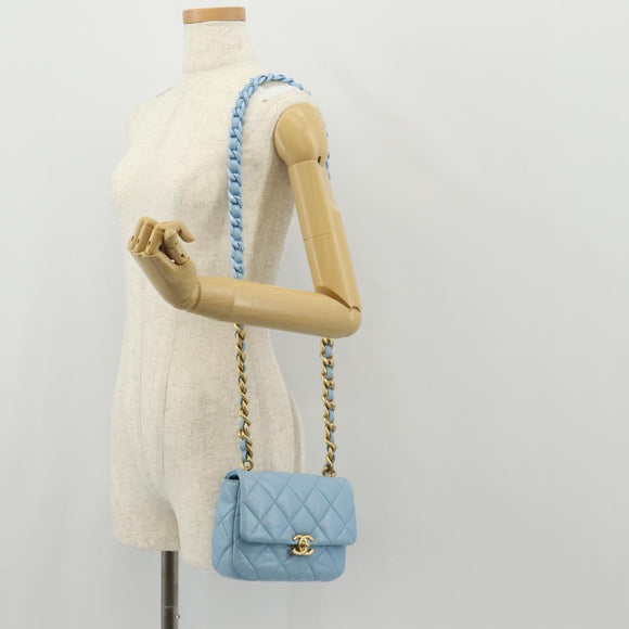 CHANEL Matelasse Chain Shoulder Bag Lamb Skin Light Blue Gold CC Auth 143660SAM