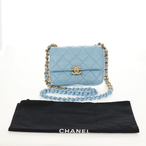 CHANEL Matelasse Chain Shoulder Bag Lamb Skin Light Blue Gold CC Auth 143660SAM