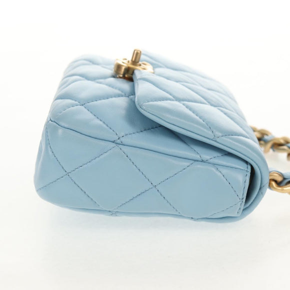 CHANEL Matelasse Chain Shoulder Bag Lamb Skin Light Blue Gold CC Auth 143660SAM