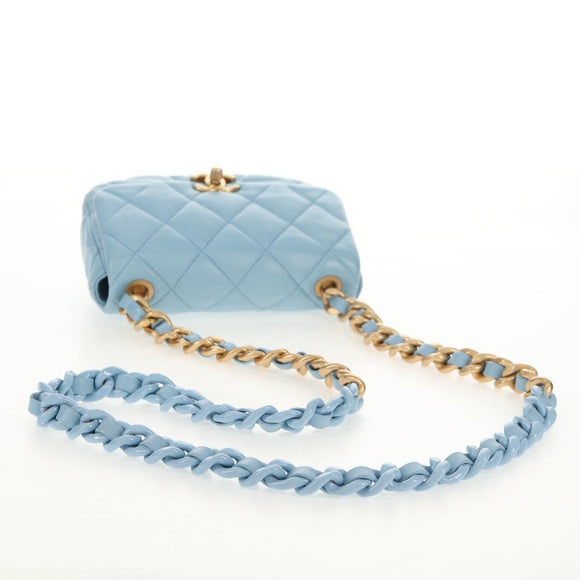CHANEL Matelasse Chain Shoulder Bag Lamb Skin Light Blue Gold CC Auth 143660SAM