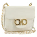 Salvatore Ferragamo Gancini Chain Shoulder Bag Leather White Gold Auth 143667-1