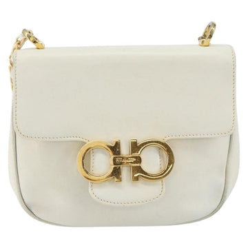Salvatore Ferragamo Gancini Chain Shoulder Bag Leather White Gold Auth 143667 - 0