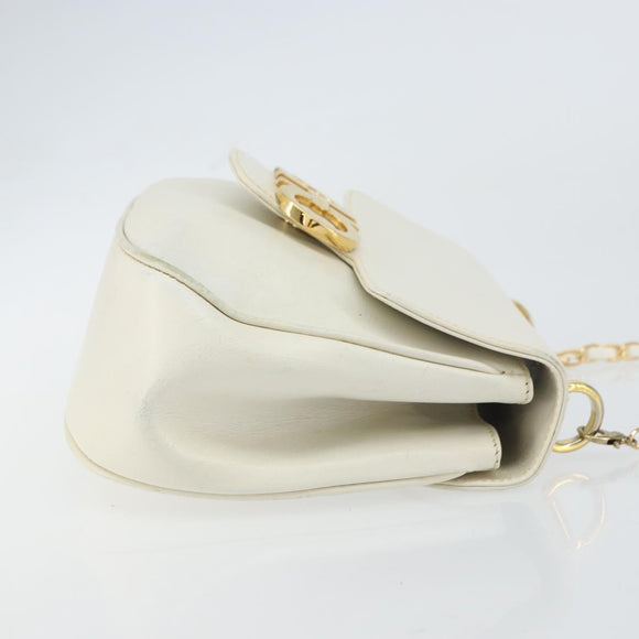 Salvatore Ferragamo Gancini Chain Shoulder Bag Leather White Gold Auth 143667