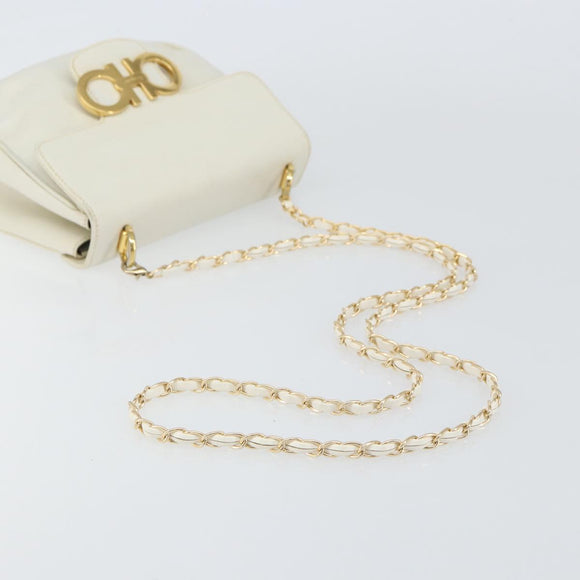 Salvatore Ferragamo Gancini Chain Shoulder Bag Leather White Gold Auth 143667